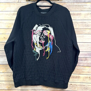 Zara Basics Black Abrstract Multicolor Face Embroidered Crewneck Sweatshirt M